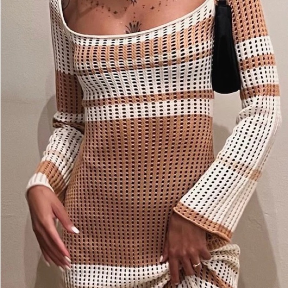 Verge Girl White and Tan Open-Knit Maxi Dress